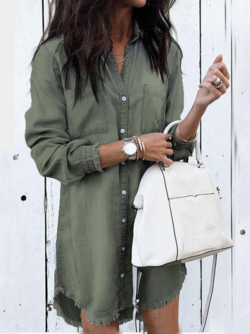 Woochic midi longue blouse robe en jean boutonnage avec poches col revers femme mode boyfriend Vert armée S